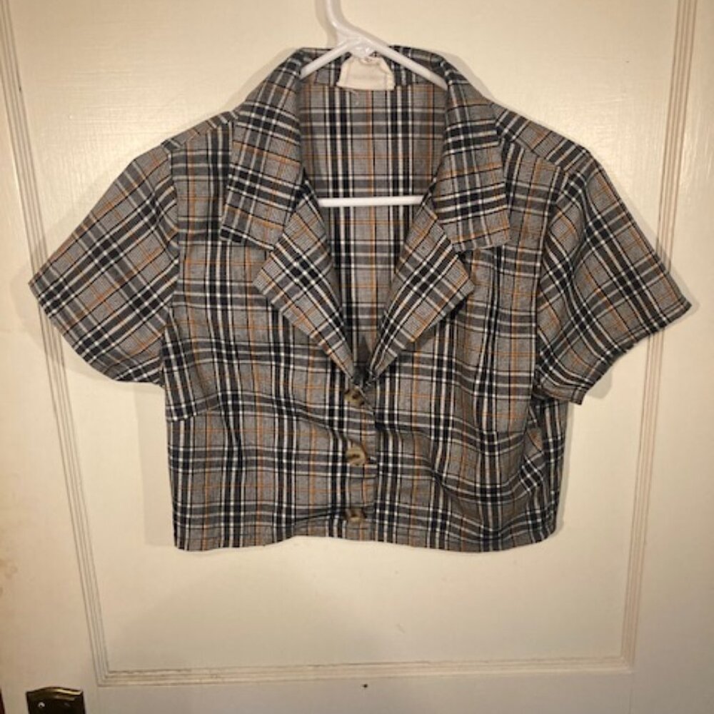 Cotton Candy LA Plaid Short Sleeve Button Up Crop Top